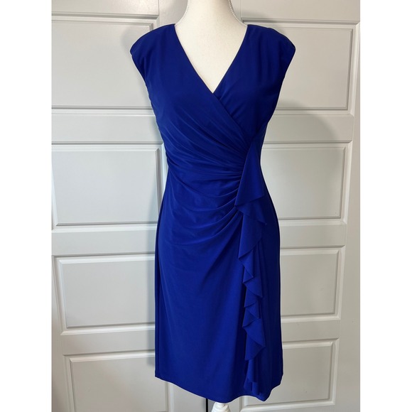Chaps Women's Blue Sleeveless V Neck Ruched Sheath Cocktail Party Dress - Picture 1 of 8
